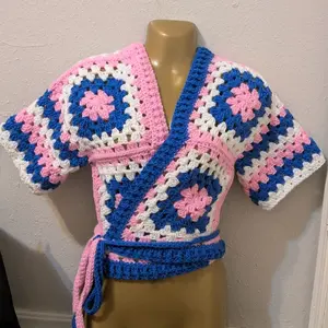 Crochet Wrap Cardigan - Pink, Blue, and White Design