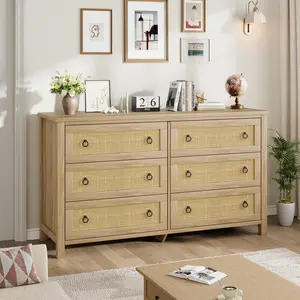 Gaomon 6-Drawer MDF Wood Rattan Weave Dresser with Round Rings, Wide Boho Chest of Drawers, Versatile Storage Cabinet for Bedroom, Nursery