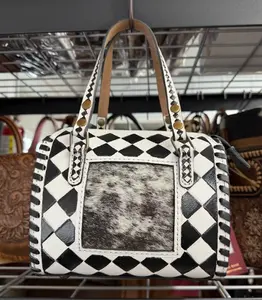Genuine hand painted leather & cowhide speedy bag- Black and white check with cowhide patch