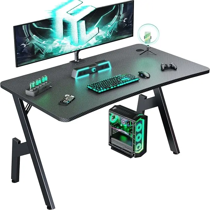 40 Inch Small Gaming Desk With Carbon Fiber Surface For Bedroom A-Shaped Desk, Ergonomic Curved Edge Design, 200 Lb Weight Capacity, Dual-Frame Steel Base, For Home Office & Gaming Setup