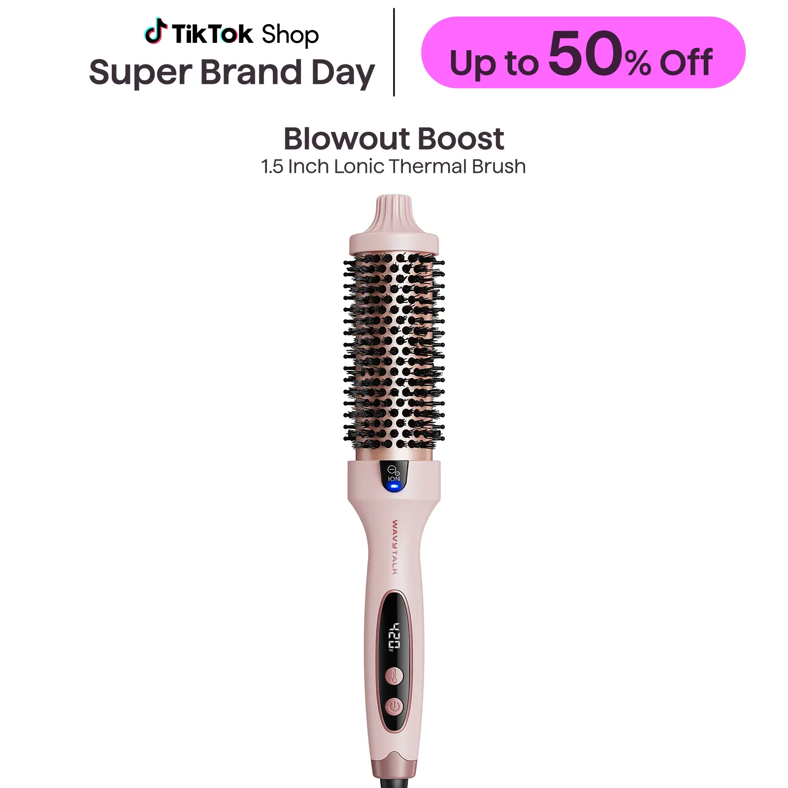 [Live Only] Wavytalk Thermal Brush for Hair Care - 1.5in Heated Round Tool for Thermal Brush Blowout Look, Dual Voltage, Sakura Pink, Tourmaline Ceramic, Negative Ion Tech, 5 Temperature Settings, Less Damage Hair Curlers & Straighteners