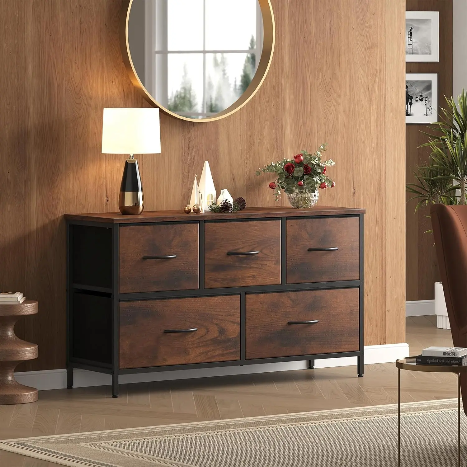 OLIXIS 5-Drawer Fabric Dresser with Wooden Top & Metal Frame - Drawer Organization, Separate Storage Organizer Chest, Fabric Top, Get Organized, Multi-Accessory Tray Chest, Bedroom Closet Organizer, Living Room TV Stand