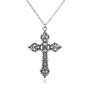 Patterned cross pendant necklace clavicle chain long chain silver daily wear gift for men and women