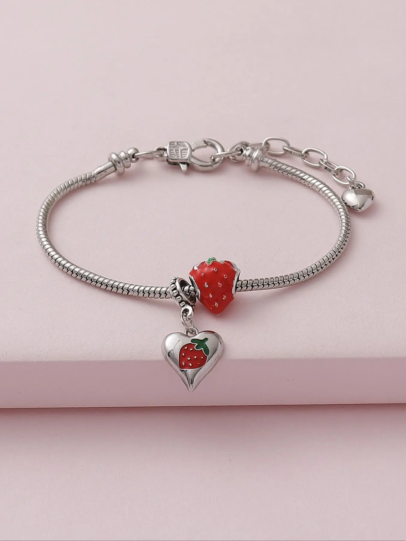 Cute Strawberry & Heart Charm Link Bracelet, Fashionable Copper Jewelry for Women & Girls, Fashion Jewelry for Party, Daily Clothing Decor, Birthday Gift, Jewelry Gifts, Heart Shaped Bracelet, Fashion Bracelets, Bracelet with Charms