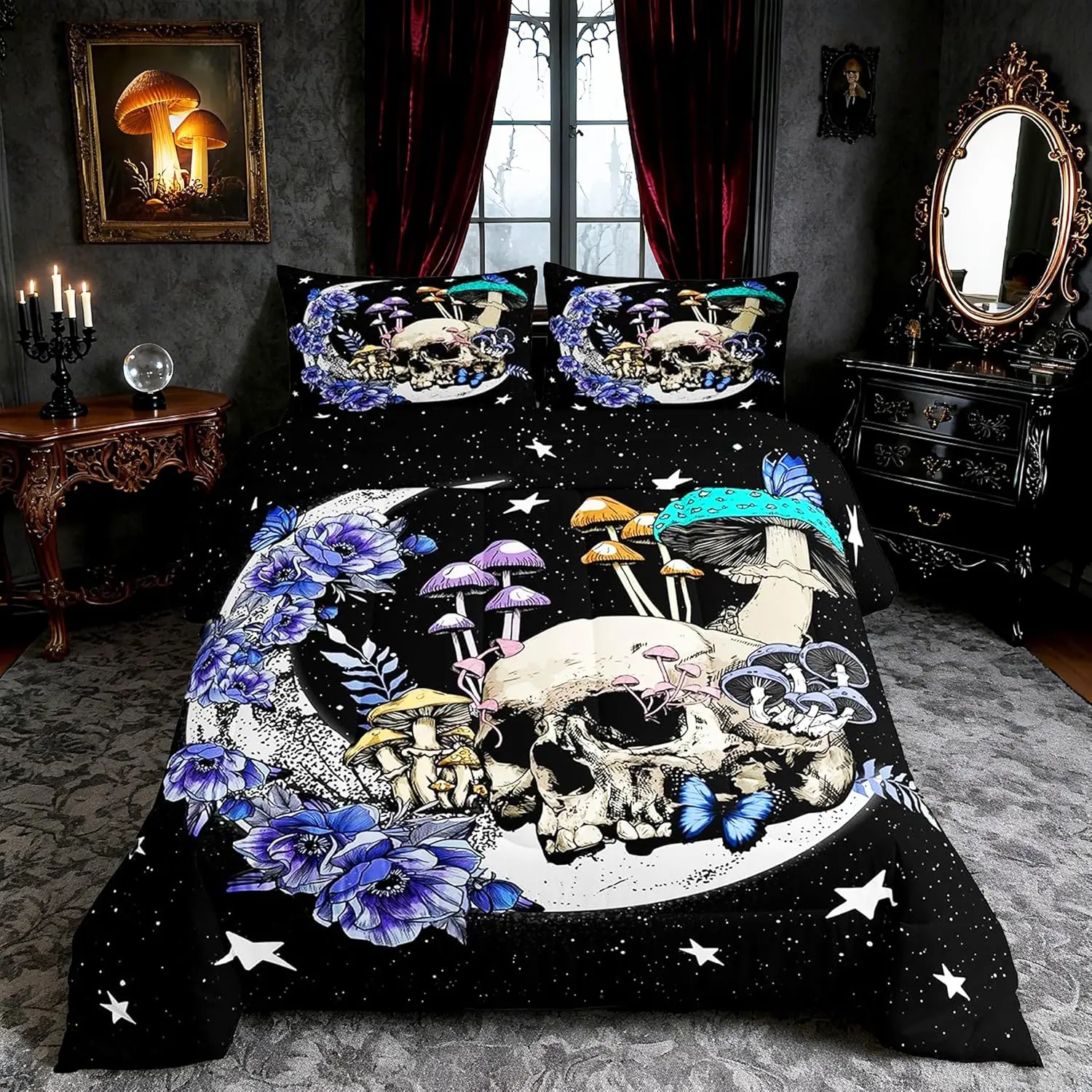 Star Moon Comforter Set Mushroom Sugar Skull Bedding Set Youth Bedroom Decor Exotic Plants Quilted Duvet Purple Flower Butterfly Duvet Insert,Black White