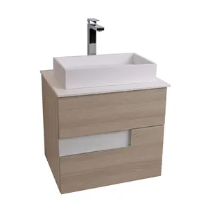 Vision 23.5 Natural Light Wood Cabinet, Wall Mounted Modern Vanity Set with Solid Surface Flat White Counter and Infinity Square Design