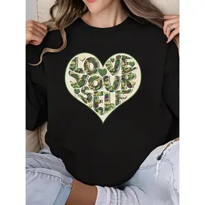 Women's Love Yourself Camo Heart Valentine's Day Mental Health Sweatshirt - Long Sleeve Crew Neck Printed for Women's Day Self Care Gift