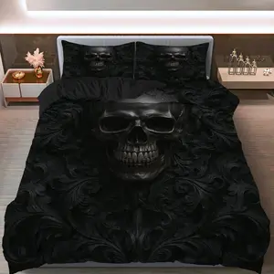 3PCS Duvet Cover Set, 1 Duvet+2 Pillowcases(Without filler), Gothic Skull Dark Floral theme, Halloween bedding set, Mysterious Decorative Suitable for Decoration Bedroom, Guestroom, Studio, Lounge.