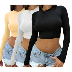 [Limited time deal] 3PCS Woman Top Long Sleeve Tee Crop Top Comfortable Breathable Round Neck Slim Stretchy Streetwear Basic Minimalist Womenswear Top A1532