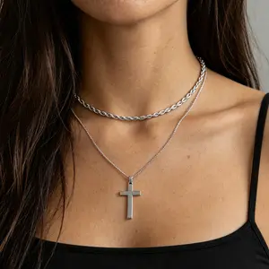 2 Pcs Cross Necklace Chain for Men and Women, Layered Mens Cross Necklaces Stainless Steel Pendant Cuban Link Rope Chain, Jewelry Gift