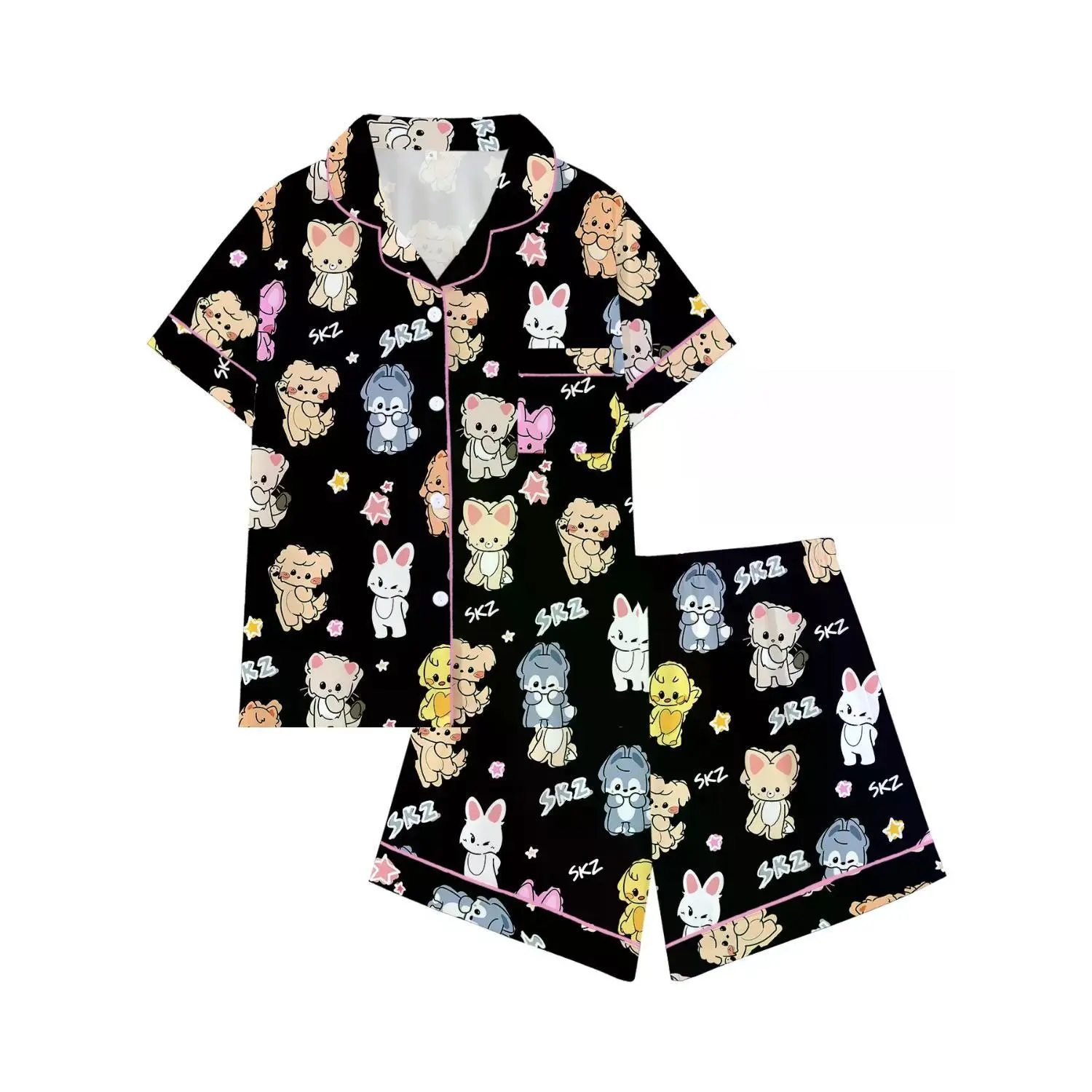 Korean Idol Cartoon Print Women's Pajama Set, Short Sleeve Open Front Sleepwear, Two-Piece Loungewear, Role Play Costume, Ideal Fan Gift