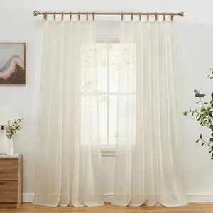 HLC.ME Lena Burlap Flax Linen Semi Thick Sheer Privacy Light Filtering Window Tab Top Curtains Panels, 2 Panels - Natural Linen, 54 W x 96 L