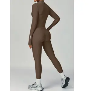Santana Ribbed Luxe 3-Piece Active Set in Mocha Brown - Long Sleeve Crop Top, High-Waisted Leggings & Zip Jacket - Premium Blend for Fitness & Casual Wear
