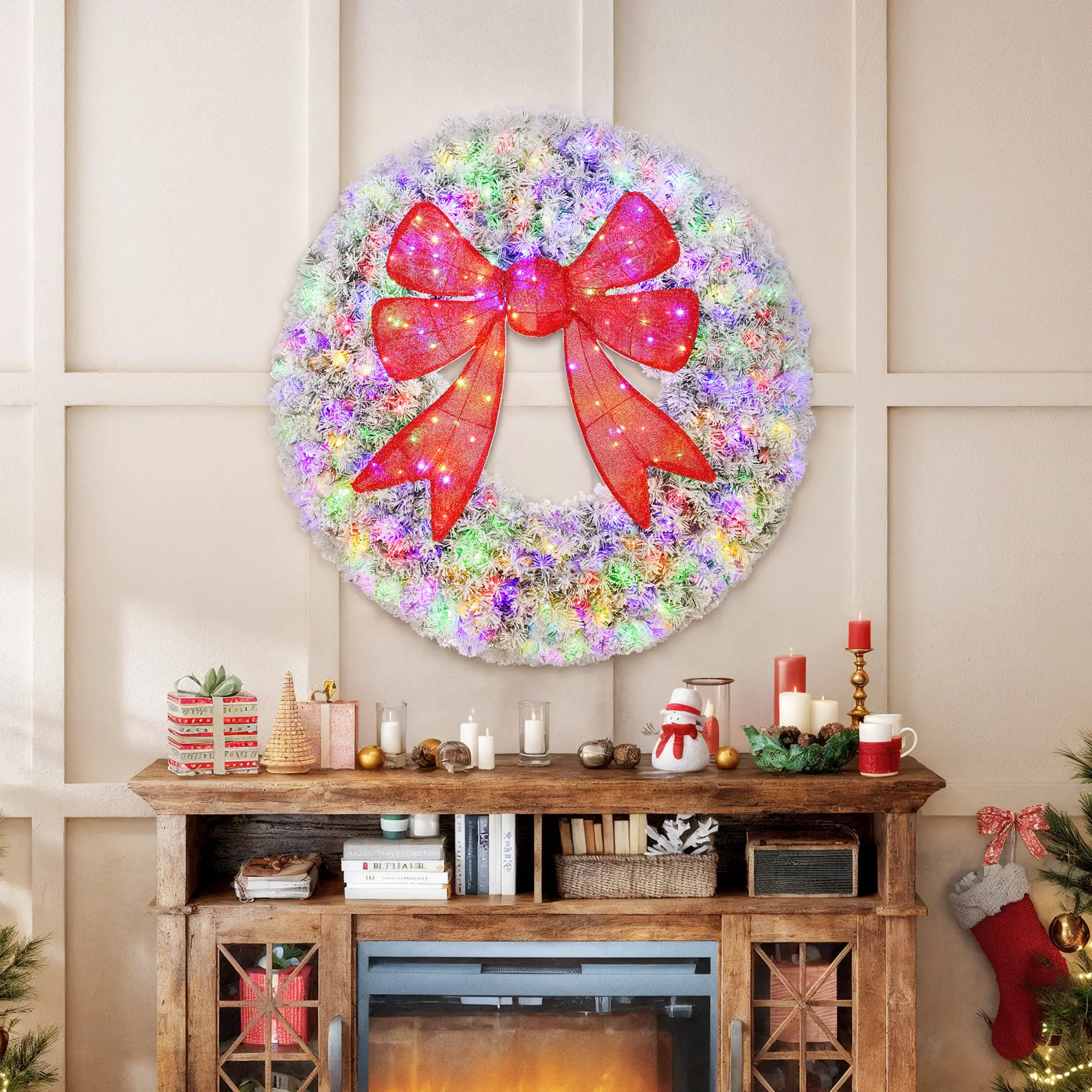 48in Flocked Pre-Lit Christmas Wreath, 3D Red Bow, 11 Lighting Modes, Remote-Controlled Front Door Festive Decoration
