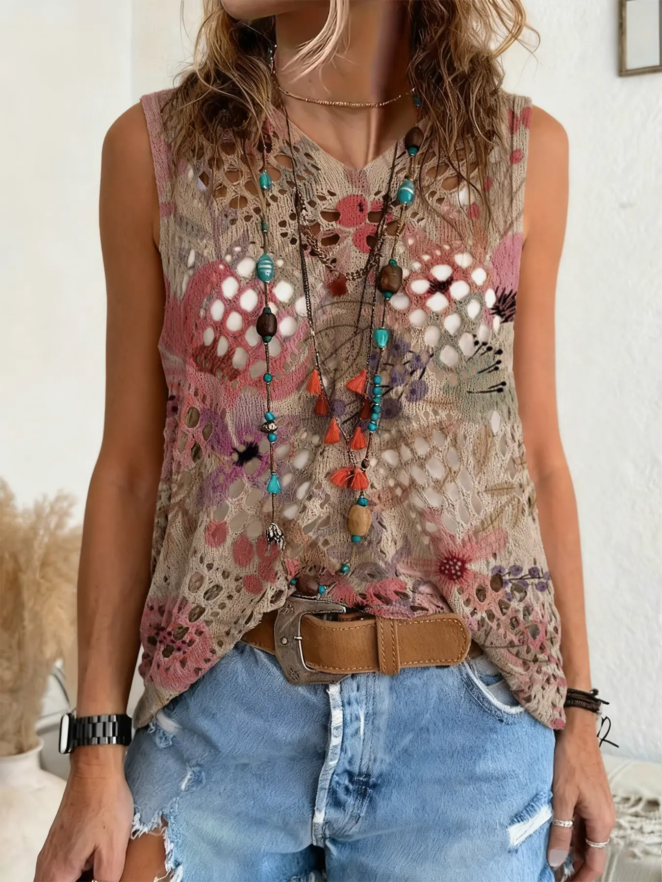 Spring Summer V Neck Hollow Out Shoulderless Knit Top, Floral Print Women's Sweater, Casual Elegant Commuter Wear, Boho Beach Cover-Up