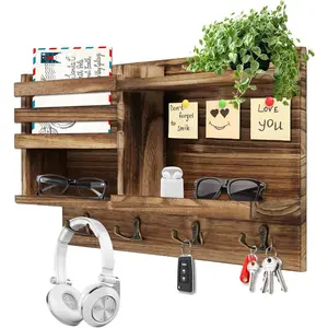 Key Holder Wall Mount, Solid Wood Key and Mail Organizer for Wall(Self Adhesive or Drill), 8 Hooks Key Rack for Entryway Hallway Bedroom Farmhouse Home Decor (Burnt Brown)