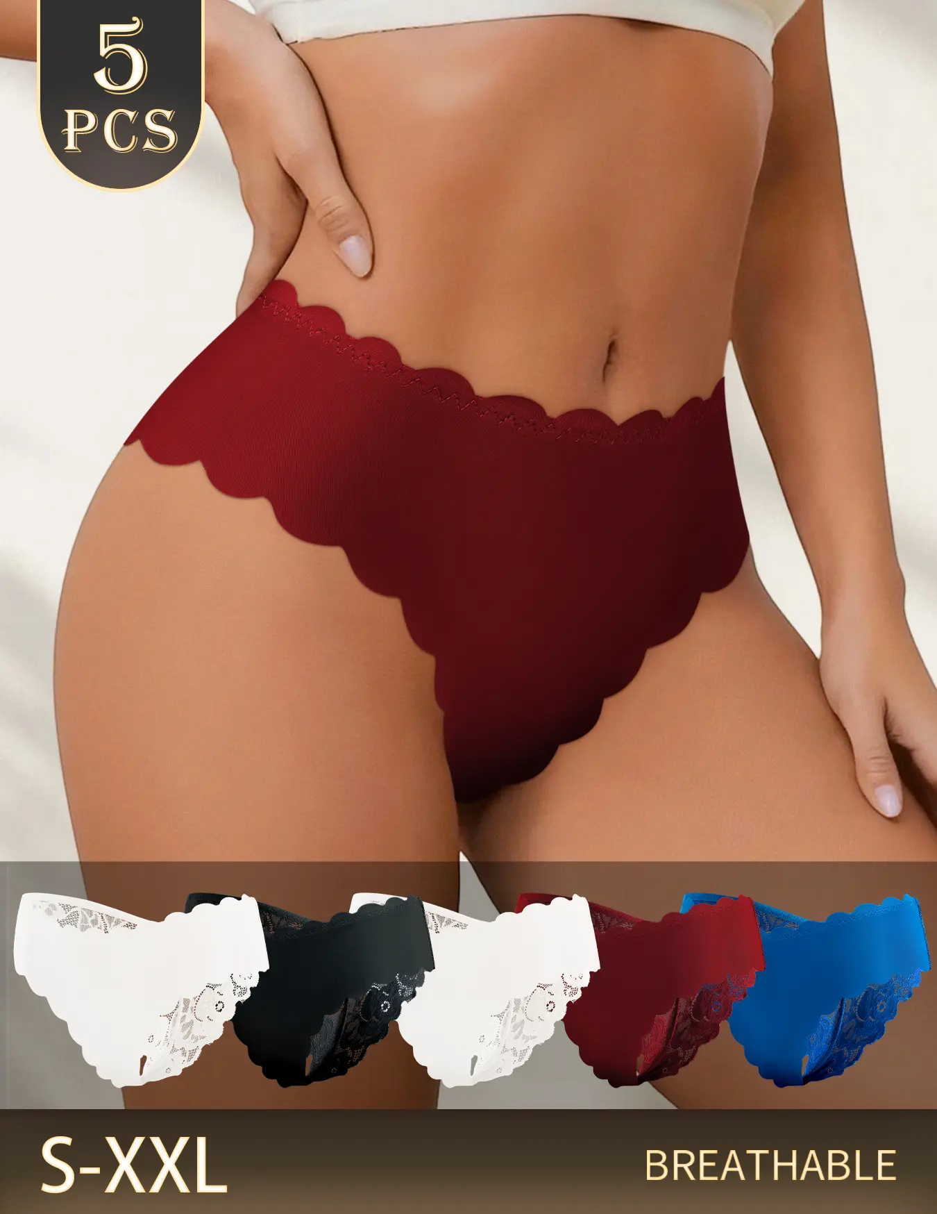 QUASTI Women's 5pcs/4 Mix Colors High Waist Panty - 5PCS Stretchy, Seamless, Lightweight Soft Fabric Flat Lady Thong Lingerie, Minimalist Basic Fit Underwear for Daily Wear (S-XXL)