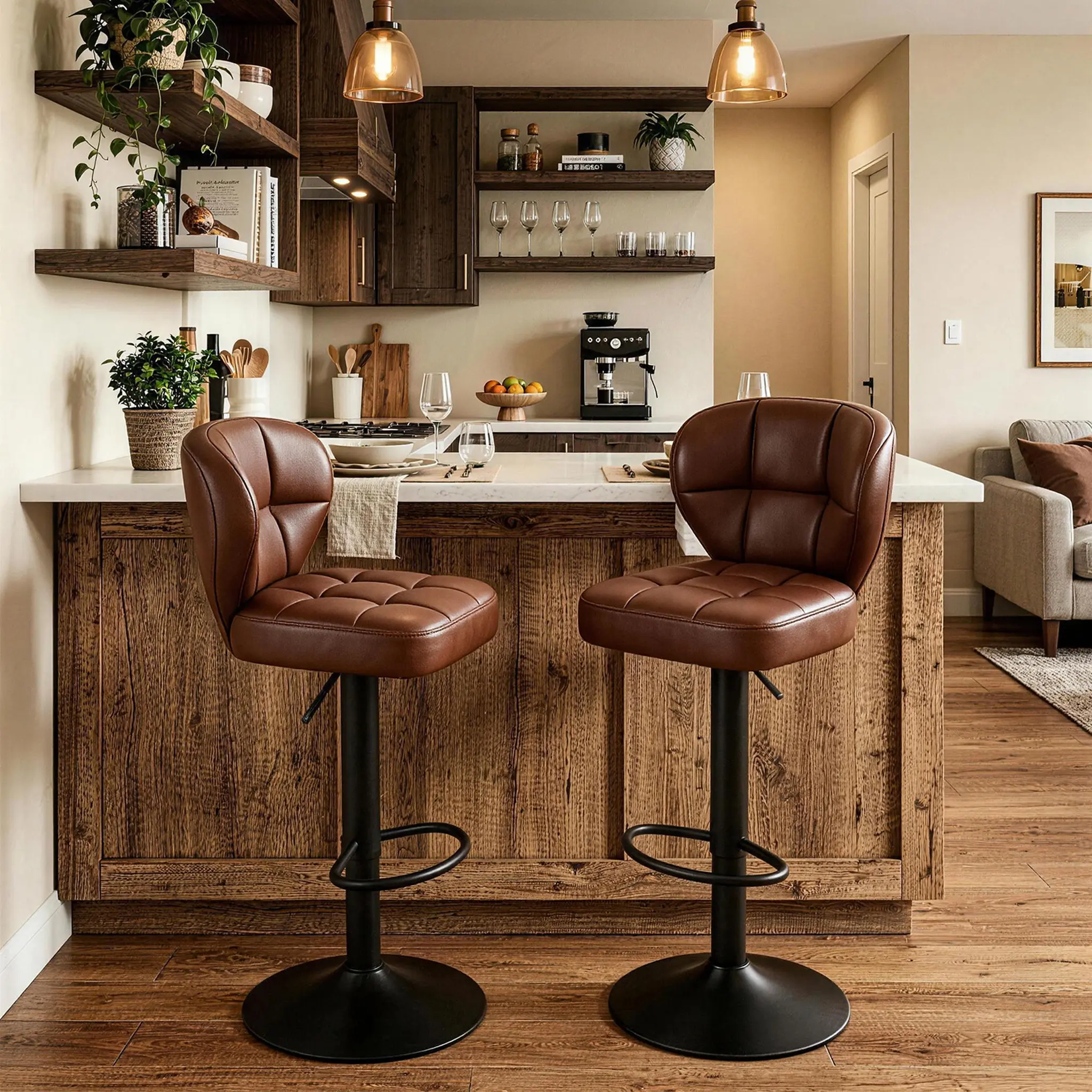Set of 2  Upholstered Mid-Century Modern  Bar Stools,PU Leather Swivel Bar Chairs with Back, Height Adjustable for Kitchen Island, Counter, Home Bar, Brown/Black