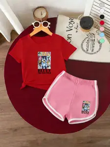 Summer Girls Casual Sport Short Sleeve and Shorts Set, Features Bluey Cartoon Print and Loose Fit, Perfect for 2-7 Years Old Kids, Comfortable and Stylish Gift