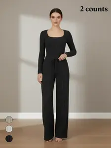 Women's Slim-Fit Solid Color Ribbed Fleece Jumpsuit Set, Wide Leg Pants, Fashionable Comfortable Fabric for Daily Wear