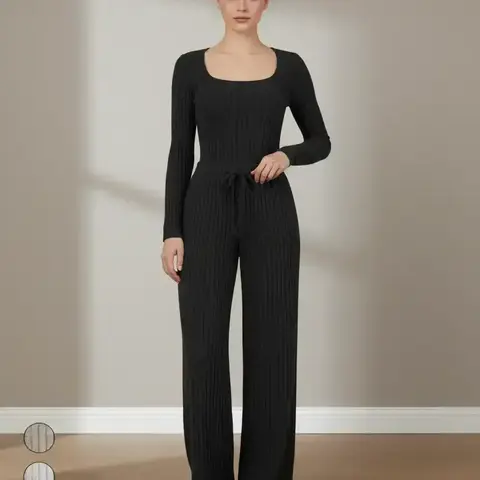 Women's Slim-Fit Solid Color Ribbed Fleece Long Sleeve Bodysuit and Wide-Leg Pants Set, Fashionable Comfortable Fabric for Daily Wear