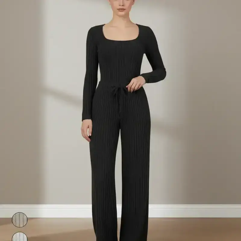 Women's Slim-Fit Solid Color Ribbed Fleece Long Sleeve Bodysuit and Wide-Leg Pants Set, Fashionable Comfortable Fabric for Daily Wear