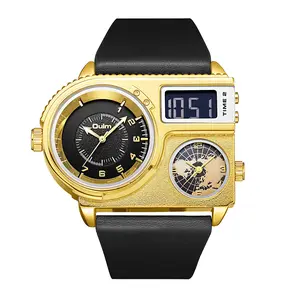 OIDEA Men's Anti-Scratch Quartz Watch, Triple Time Zone, Irregular Dial, Leather Strap, Mineral Hardened Crystal, 1ATM, Anti-Scratch Quartz Watches