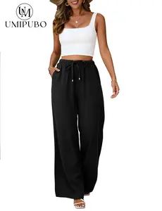 UMIPUBO Summer Womens Linen Pants Casual Wide Leg Pants Summer Palazzo Pants Loose Flowy Beach Pants Drawstring Elastic Trousers