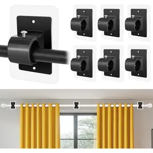 6 count No Drill Curtain Rod Brackets,Self Adhesive Curtain Rod Holder No Drilling,Renter Friendly Drapery Rod Hook, Free Adjustable Non Screw Draper Pole for Apartment Window Wall Door Ceiling Mount