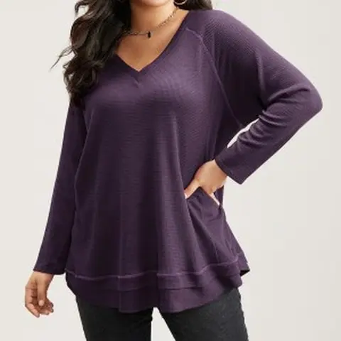 BloomChic Plain Textured Stitch Raglan Sleeve Sweatshirt 【M-6XL】