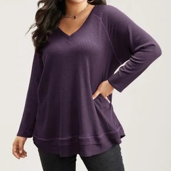 BloomChic Plain Textured Stitch Raglan Sleeve Sweatshirt 【M-6XL】