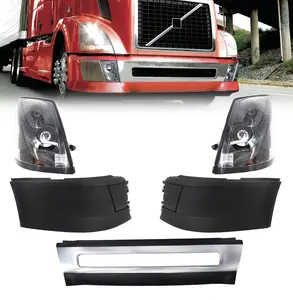 Torque Headlight PAIR & Center Bumper & Passenger & Driver Side Extension Corner Bumper without Fog Light Hole Replacement for 2004-2015 Volvo VNL semi Trucks DOT SAE Approved (TR001, TR004, TR058)
