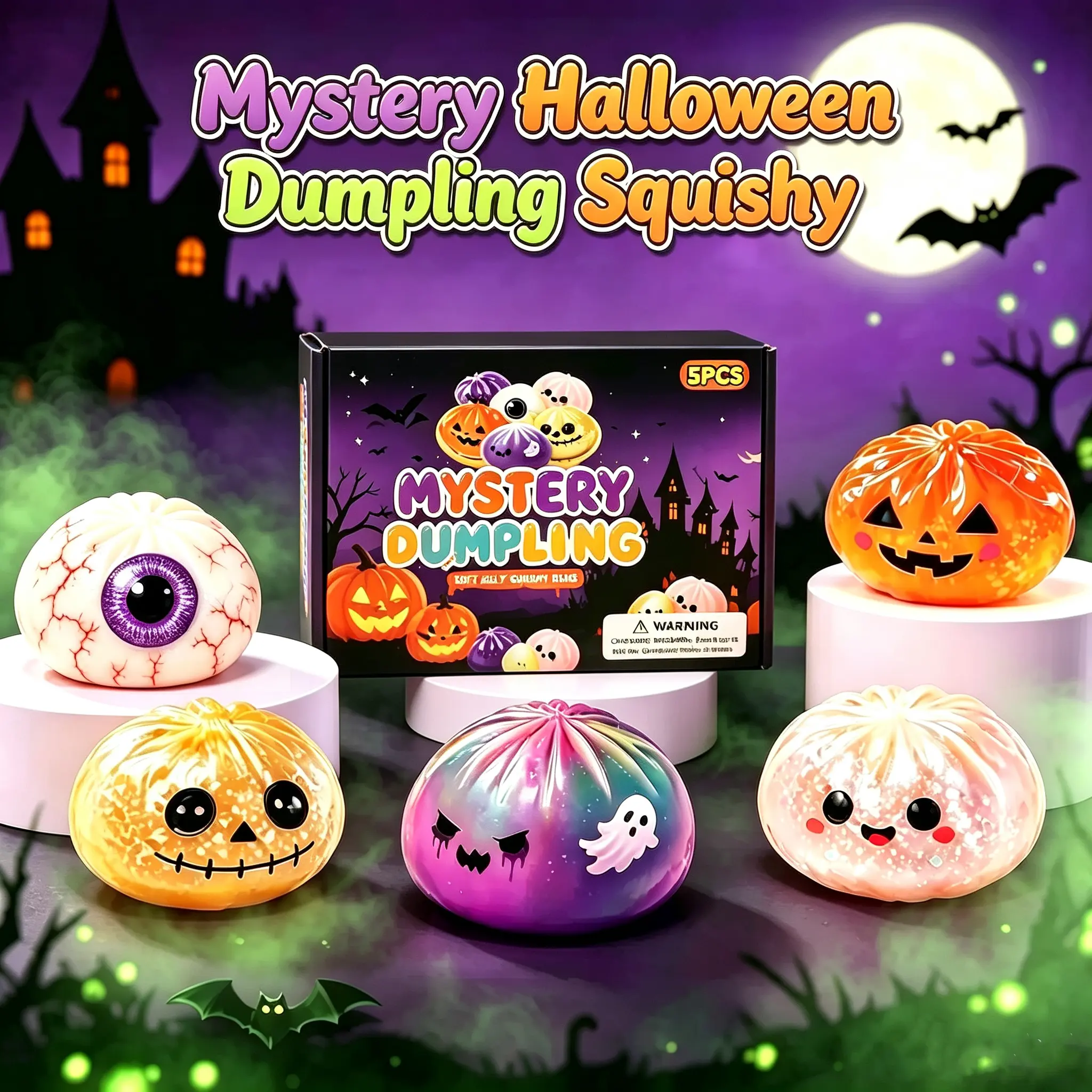 Spooky Halloween Ghost Dumpling - Random Style 1 Pc, Soft TPR Squeeze Fidget Toy for Stress Relief, Cute Sensory Ghost Toy for Kids & Adults