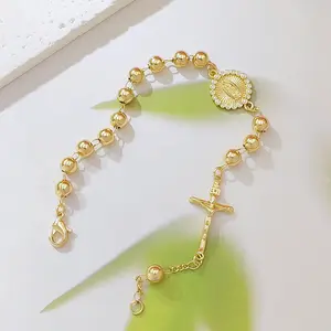 14K Gold Plated Virgin Mary Rosary Bracelet for Women, Round Bead Chain with CZ Halo Medal & Jesus Cross Charm, Catholic Religious Faith Jewelry Gift