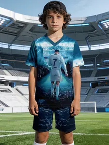 No. 7 Football Boys' V-neck Short-sleeve and Shorts Set, Football Kits, 100% polyester, casual and loose-fitting, featuring summer casual, printed patterns, suitable for summer outdoor physical activities and daily casual wear