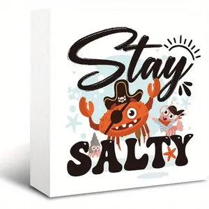 Stay Salty Crab Ocean Wood Box Sign, Summer Tiered Tray Decor, Beach Decorations for Home, Starfish and Summer Decor, Desk Tabletop Shelf Decoration, 5 x 5 Inches