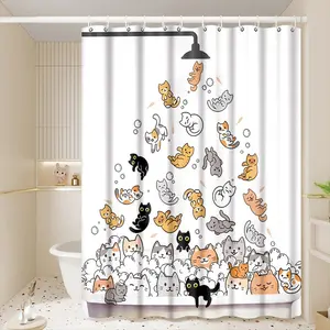 1pc Cute Cartoon Cats Bubble Bath Printed Shower Curtains with Plastic Hooks Shower Curtain for Bathtub Bathroom,Suitable for Home and Hotel Machine Washable Bathroom Decor as Best Gifts for Friends