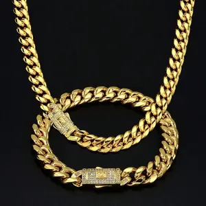 Men's Golden Miami Cuban Link Chain, 10mm Stainless Steel Necklace With Synthetic ZirconBuckle, Necklace Or Bracelet, 7.5"-30" Optional