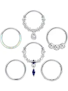 6 Pcs Silvery Septum Rings 316L Surgical Steel Dangle Nose Rings Hoops for Women Men 18G Clicker Planet Shining CZ Opal Hoop, Helix Pierced Ring, Cartilage Earrings Daith Helix Hoop Tragus Conch Jewelry Set