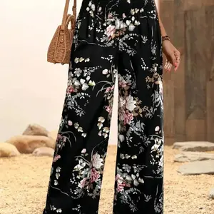 Women's Floral Print Pants, Boho Casual Comfy Loose Wideleg Trousers for Holiday Vacation Daily Wear, Women Bottoms for Summer, Vibrant Pants Women, Loose Legged Pants, Slouchy Palazzo Pants, Flowy Wide Leg