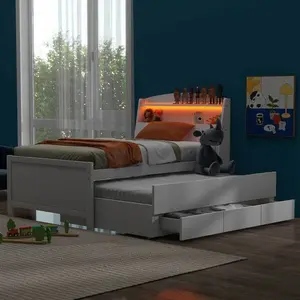 Twin /Full Size Platform Bed with Storage LED Headboard, Twin Size Trundle and 3 Drawers, White