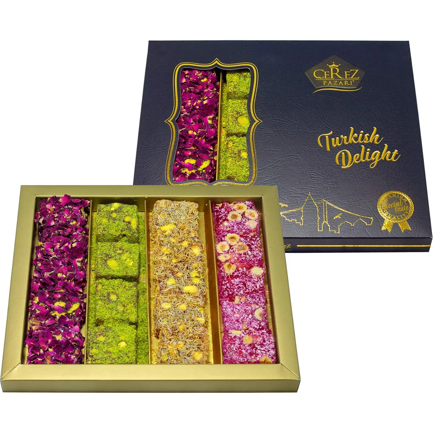 Cerez Pazari Turkish Delight Pistachio and Hazelnut with Fantastic Rose & Pomegranate Flavour Experience in Luxury Large Gift Box 500g