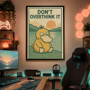 Psyduck Poster, "Don’t Overthink It" Retro Poster, Film Motivational Wall Art for Men, Gift Idea for Him, Unframed Wall Art, Home Decor,Canvas Poster Wall Decor, Room Decorations, Funky Home Decor,anime wall art,bedroom canvas poster