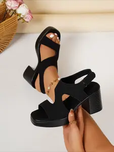 [Elegant | Platform Heels] Brown fabric-covered elegant women’s platform heels | Ankle straps, breathable denim material, suitable for all seasons, distinctive rounded toe design.