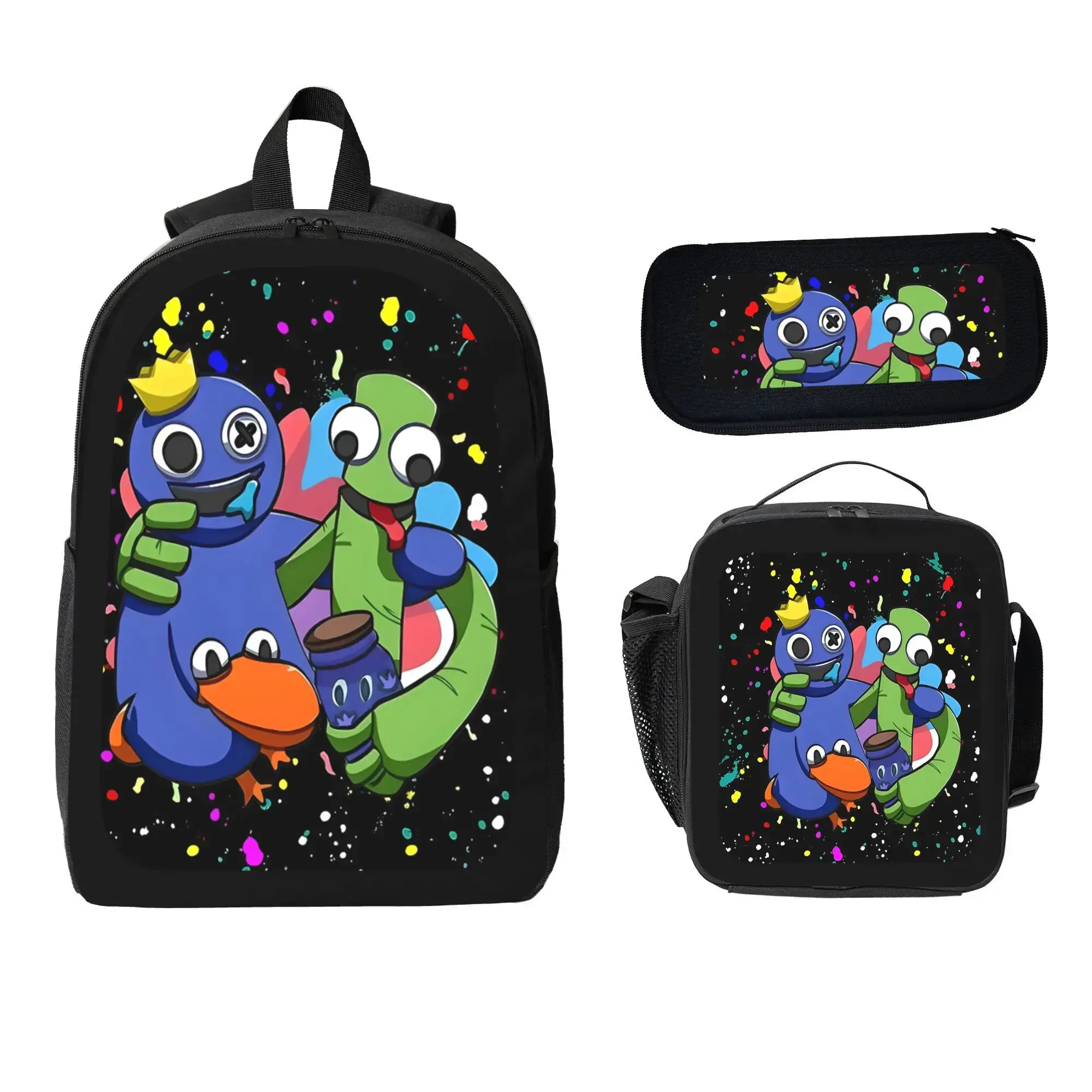 Rainbow Friends Backpack Set With Lunch Box & Pencil Case 3 In 1 For Boys Girls Teens Schoolbag 600D Oxford Cloth Lightweight Large Capacity Adjustable Straps Comfortable Mesh Back Cushioning Junior