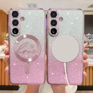 for Samsung Galaxy S25 Plus Case Magnetic,for Women Girl Soft Cute Luxury Love Heart Plating Bling Gradient Glitter Clear Phone Case Compatible with MagSafe Shockproof Back Cover 6.7”-Pink