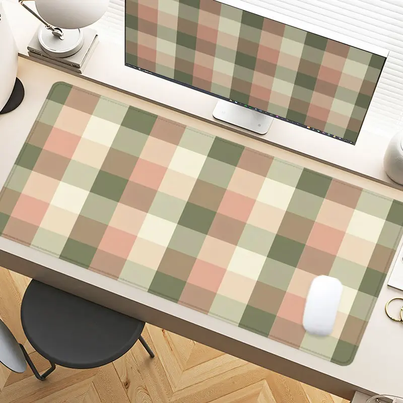Plaid Desk Pad Olive Green Beige Peach Mousepad XXL Mouse Pad For Laptop Desk Mouse Pad Extra Large With Non-Slip Rubber Base Stitched Edges Surface For PC Gamers Office Workers & Home Use Holiday Gift
