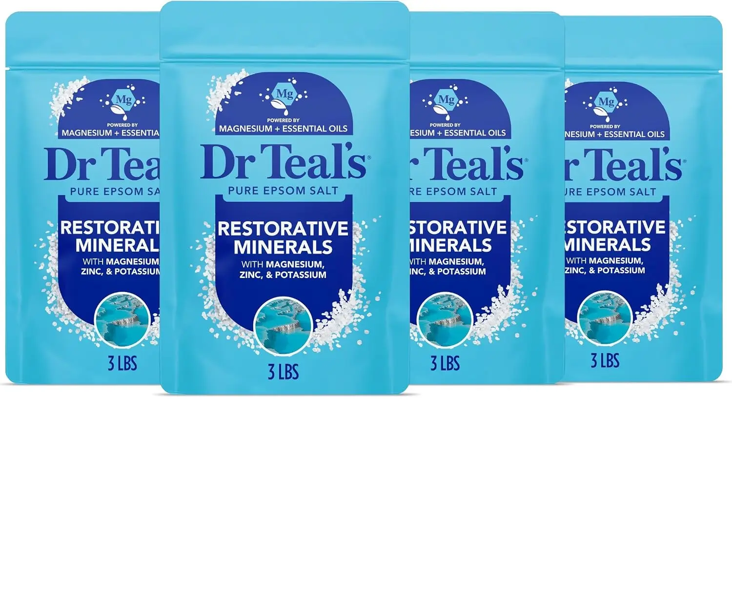 Dr Teal's Epsom Salt Restorative Minerals Soak with Magnesium, Potassium, Zinc & Eucalyptus Essential Oils, 3 lbs (Pack of 4)