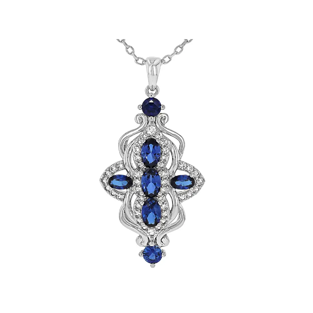 JTV Lab-Created Blue & White Sapphire Rhodium-Plated Brass Pendant with Cable Chain, 2.95ctw, Jewelry, Oval