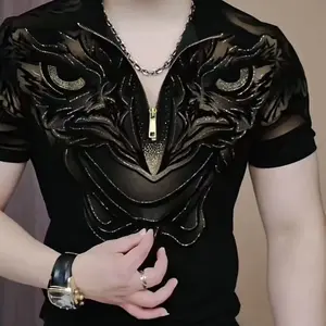 Eagle Eye Men's Short Sleeve Shirt 2025 New Black Gold Half-Zip Slim Fit Top Menswear Stylish with Eagle Embroidery & Sequins